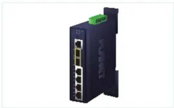 3D rendering of a black network switch device with multiple ports and a green indicator label (no readable text or symbols)