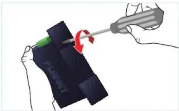 Illustration of hands using a screwdriver to adjust a dark object with a green stripe, showing a red curved arrow (no text or symbols)