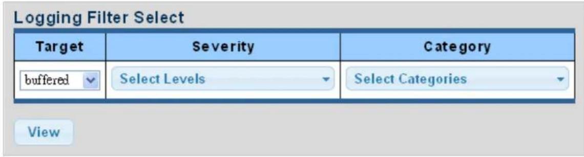 Logging Filter Select Target Severity Category buffered Select Levels Select Categories View