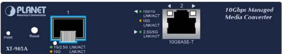 PLANET Reverting & Commemation 1 PWR Reset XT-905A 1G/2.5G LNK/ACT 10G LNK/ACT 100/1G LNK/ACT 10G LNK/ACT 2.5G/5G LNK/ACT 10GBASE-T 10Gbps Managed Media Converter