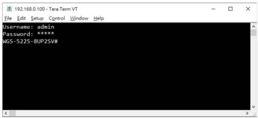 192.168.0.100 - Tera Term VT File Edit Setup Control Window Help Username: admin Password: ***** WGS-5225-8UP2SV#
