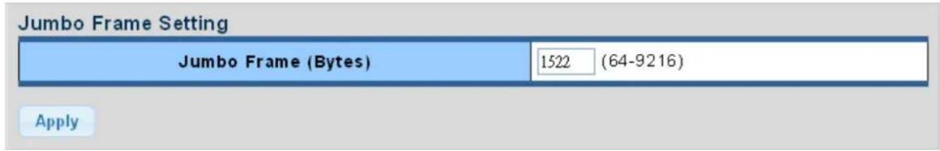 Jumbo Frame Setting Jumbo Frame (Bytes) 1522 (64-9216) Apply