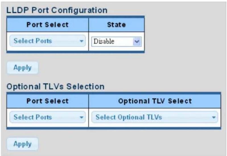 LLDP Port Configuration Port Select State Select Ports Disable Apply Optional TLVs Selection Port Select Optional TLV Select Select Ports Select Optional TLVs Apply