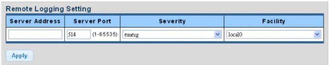 Remote Logging Setting Server Address Server Port Severity Facility 514 (1-65535) emerg local0 Apply