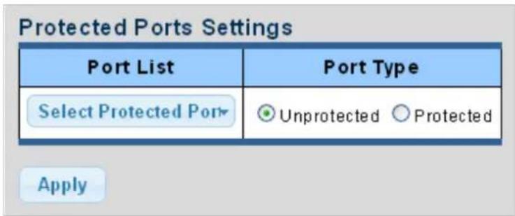 Protected Ports Settings Port List Port Type Select Protected Port ● Unprotected ○ Protected Apply