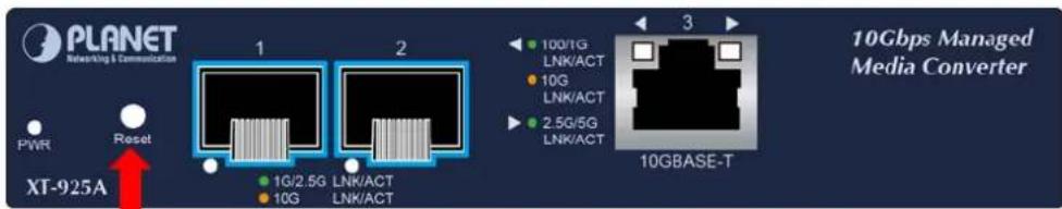 PLANET Networking & Communication PWR Reset XT-925A 1 2 10G/2.5G LNK/ACT 10G LNK/ACT 100/1G LNK/ACT 10G LNK/ACT 2.5G/5G LNK/ACT 3 10GBASE-T 10Gbps Managed Media Converter