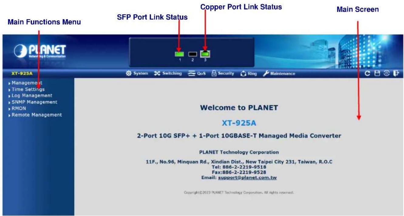 Main Functions Menu SFP Port Link Status Copper Port Link Status Main Screen PLANET Networking & Communication 1 2 3 XT-925A Management Time Settings Log Management SNMP Management RMON Remote Management Welcome to PLANET XT-925A 2-Port 10G SFP+ + 1-Port 10GBASE-T Managed Media Converter PLANET Technology Corporation 11F., No.96, Minquan Rd., Xindian Dist., New Taipei City 231, Taiwan, R.O.C Tel: 886-2-2219-9518 Fax:886-2-2219-9528 Email: support@planet.com.tw Copyright©2023 PLANET Technology Corporation, AR rights reserved.