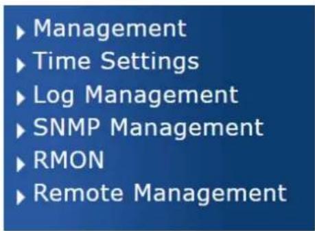Management Time Settings Log Management SNMP Management RMON Remote Management
