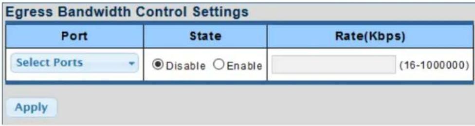 Egress Bandwidth Control Settings Port State Rate(Kbps) Select Ports Disable Enable (16-1000000) Apply