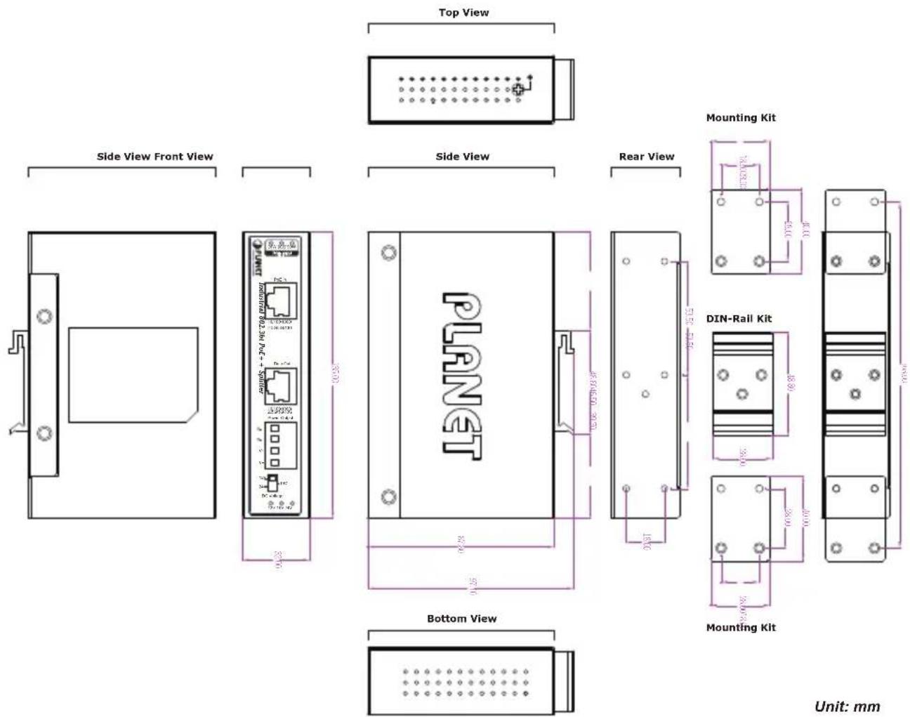 Top View Side View Front View Side View Side View Rear View Mounting Kit PLNET DIN-Rail Kit Bottom View Mounting Kit Unit: mm