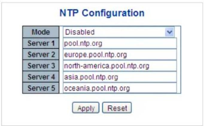 NTP Configuration Mode Disabled Server 1 pool.ntp.org Server 2 europe.pool.ntp.org Server 3 north-america.pool.ntp.org Server 4 asia.pool.ntp.org Server 5=oceania.pool.ntp.org Apply Reset