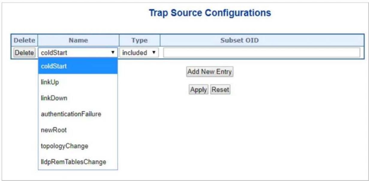 Trap Source Configurations Delete Name Type Subset OID Delete coldStart included coldStart linkUp linkDown authenticationFailure newRoot topologyChange IldpRemTablesChange Add New Entry Apply Reset