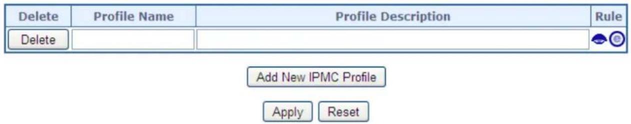 Delete Profile Name Profile Description Rule Delete Add New IPMC Profile Apply Reset