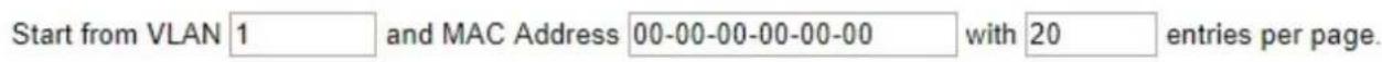 Start from VLAN 1 and MAC Address 00-00-00-00-00-00 with 20 entries per page.