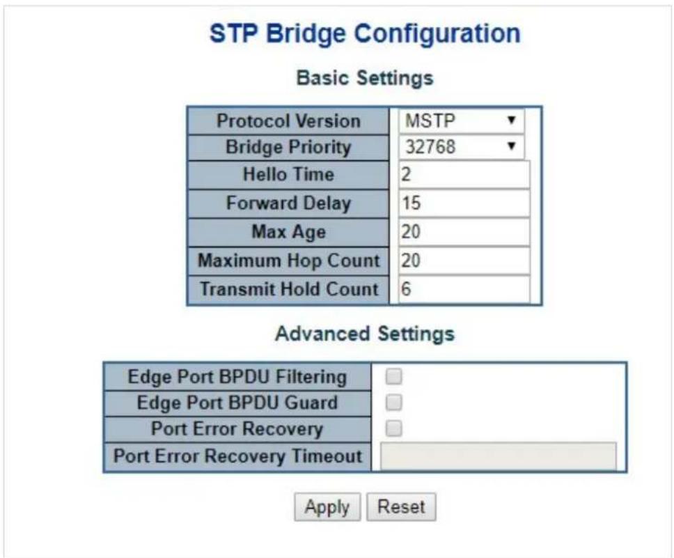 STP Bridge Configuration Basic Settings Protocol Version MSTP Bridge Priority 32768 Hello Time 2 Forward Delay 15 Max Age 20 Maximum Hop Count 20 Transmit Hold Count 6 Advanced Settings Edge Port BPDU Filtering Edge Port BPDU Guard Port Error Recovery Port Error Recovery Timeout Apply Reset