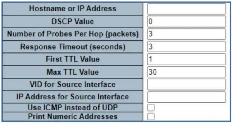 Hostname or IP Address DSCP Value Number of Probes Per Hop (packets) Response Timeout (seconds) First TTL Value Max TTL Value VID for Source Interface IP Address for Source Interface Use ICMP instead of UDP Print Numeric Addresses