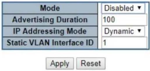 Mode Advertising Duration IP Addressing Mode Static VLAN Interface ID Disabled ▼ 100 Dynamic ▼ 1 Apply Reset