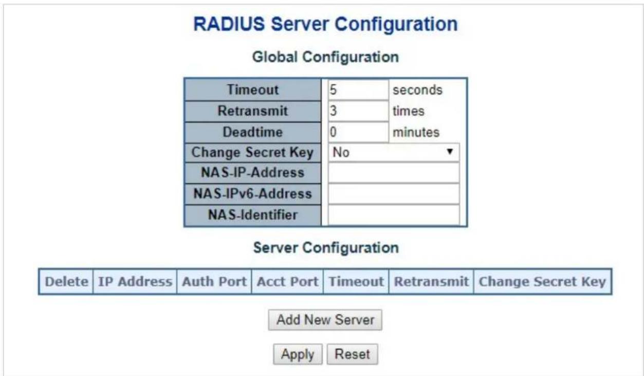 RADIUS Server Configuration Global Configuration Timeout 5 seconds Retransmit 3 simes Deadtime 0 minutes Change Secret Key No NAS-IP-Address NAS-IPv6-Address NAS-Identifier Server Configuration Delete IP Address centr Auth Port Acct Port Timeout Retransmit Change Secret Key Add New Server Apply Reset