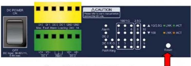 DC POWER ON OFF DC Input: 36-60Vrms, 0.4A max D10 D11 D12 D13 D14 D15 D16 Max. Full Alarm Loading: 24V, 1A CAUTION Please refer to user's manual before connect the DC wire 100/1G 2.5G Alarm 2 4 6 8 10 DG 2 DC 1 R.O 1 3 5 7 9 PWR Ring ▲1G/2.5G ●LNK ●ACT ▼100 ●LNK ●ACT Reset
