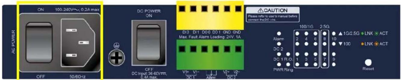 ON 100-240V~, 0.2A max AC POWER OFF 50/60Hz DC POWER ON OFF DC Input: 36-60V=, 0.4A max D10 Di1 D00 Do1 GND GND Max. Paut Alarm Loading: 24V, 1A V1+ V1- DC 1 Alarm DC 2 CAUTION Please refer to user's manual before connect the DC unit. 100/1G 2.5G ▲1G/2.5G LNK ACT Alarm 2 4 6 8 10 DC 2 DC 1 R O PWR Ring 1 3 5 7 9 Reset
