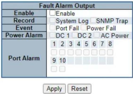 Fault Alarm Output Enable Record Event Power Alarm □ Enable □ System Log □ SNMP Trap □ Port Fail □ Power Fail □ DC 1 □ DC 2 □ AC Power Port Alarm 1 2 3 4 5 6 7 8 □ □ □ □ □ □ □ □ 9 10 □ □ Apply Reset