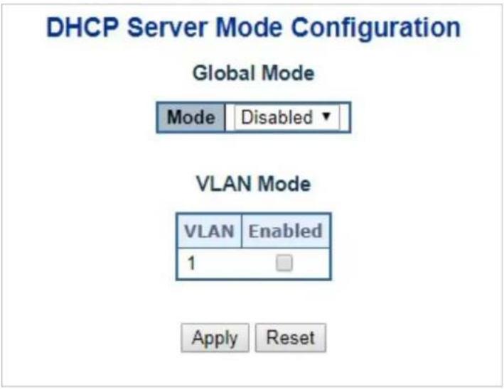 DHCP Server Mode Configuration Global Mode Mode Disabled VLAN Mode VLAN Enabled 1 Apply Reset