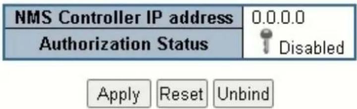 NMS Controller IP address Authorization Status 0.0.0.0 Disabled Apply Reset Unbind