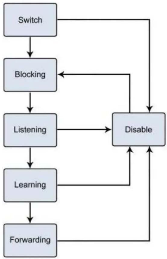 graph TD A["Switch"] --> B["Blocking"] B --> C["Listening"] C --> D["Learning"] D --> E["Forwarding"] E --> F["Disable"] F --> B C --> G["Disable"] G --> F