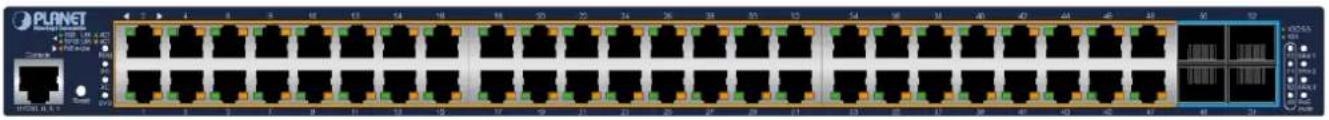 Front view of a network switchboard with multiple Ethernet ports and indicator lights (no readable text or symbols)