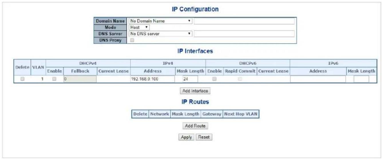 IP Configuration Domain Name No Domain Name Mode Host DNS Server No DNS server DNS Proxy IP Interfaces Delete VLAN DHCPv4 IPv4 DHCPv6 IPv6 Enable Fallback Current Lease Address Mask Length Enable Rapid Commit Current Lease Address Mask Length 1 0 192.168.0 100 24 Add Interface IP Routes Delete Netwo…