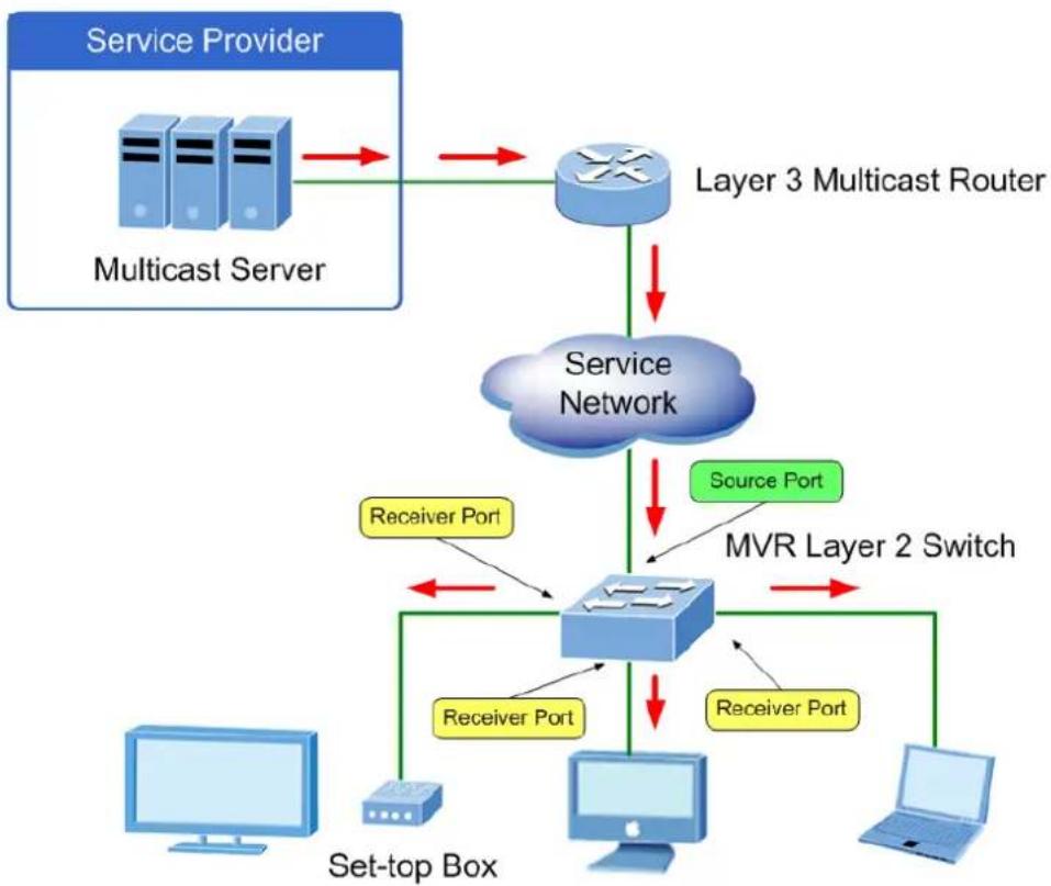graph TD A["Service Provider"] --> B["Multicast Server"] B --> C["Service Network"] C --> D["MVR Layer 2 Switch"] D --> E["Server"] D --> F["Computer"] D --> G["Laptop"] C --> H["Source Port"] H --> I["Receiver Port"] I --> J["Server"] style A fill:#cce5ff,stroke:#333 style B fill:#cce5ff,stroke:#33…