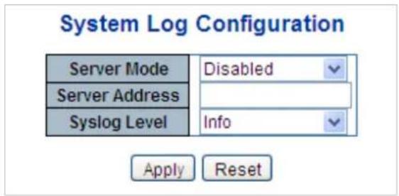 System Log Configuration Server Mode Disabled Server Address Syslog Level Info Apply Reset