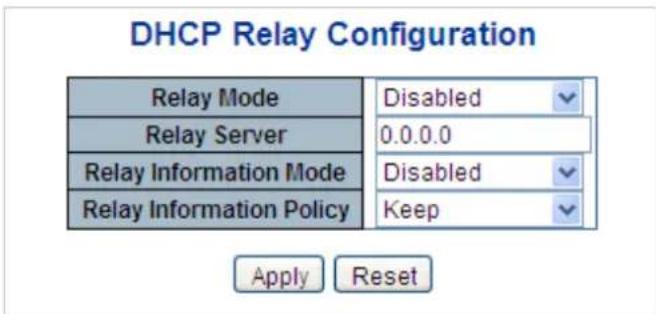 DHCP Relay Configuration Relay Mode Disabled Relay Server 0.0.0.0 Relay Information Mode Disabled Relay Information Policy Keep Apply Reset