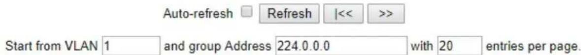 Auto-refresh Refresh |<< >> Start from VLAN 1 and group Address 224.0.0.0 with 20 entries per page.