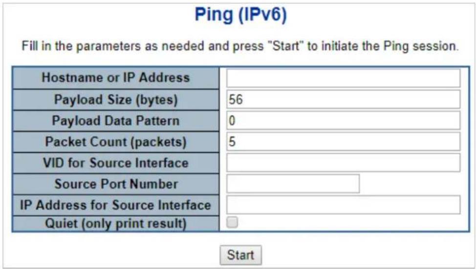 Ping (IPv6) Fill in the parameters as needed and press "Start" to initiate the Ping session. Hostname or IP Address Payload Size (bytes) 56 Payload Data Pattern 0 Packet Count (packets) 5 VID for Source Interface Source Port Number IP Address for Source Interface Quiet (only print result) Start