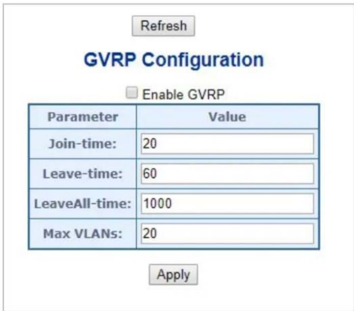 Refresh GVRP Configuration Enable GVRP Parameter Value Join-time: 20 Leave-time: 60 LeaveAll-time: 1000 Max VLANs: 20 Apply
