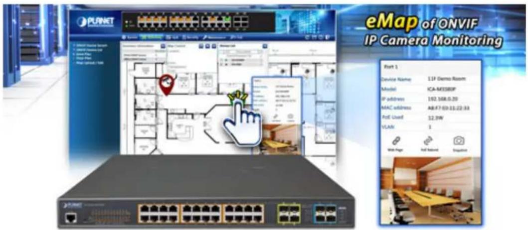 eMap of ONVIF IP Camera Monitoring Part 1 Device Name: 11P Demo Room Model: ICA-M3380P IP address: 192.168.0.20 MAC address: A8.47-03-11:22:33 Prof. load: 12.3W VLAdr: 1 Web Page: Full Internet Integration