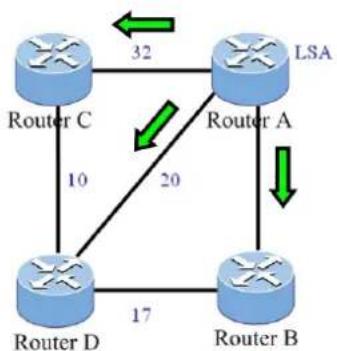 graph TD LSA -->|32| RouterA LSA -->|20| RouterB RouterA -->|17| RouterD RouterB -->|10| RouterC RouterC -->|10| RouterD