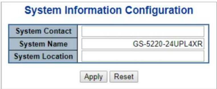 System Information Configuration System Contact System Name GS-5220-24UPL4XR System Location Apply Reset