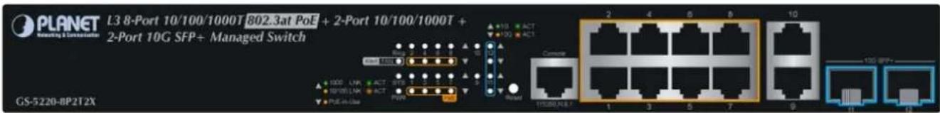 PLANET L3 8-Port 10/100/1000T B02.3at PoE + 2-Port 10/100/1000T + 2-Port 10G SFP+ Managed Switch GS-5220-8P2T2X