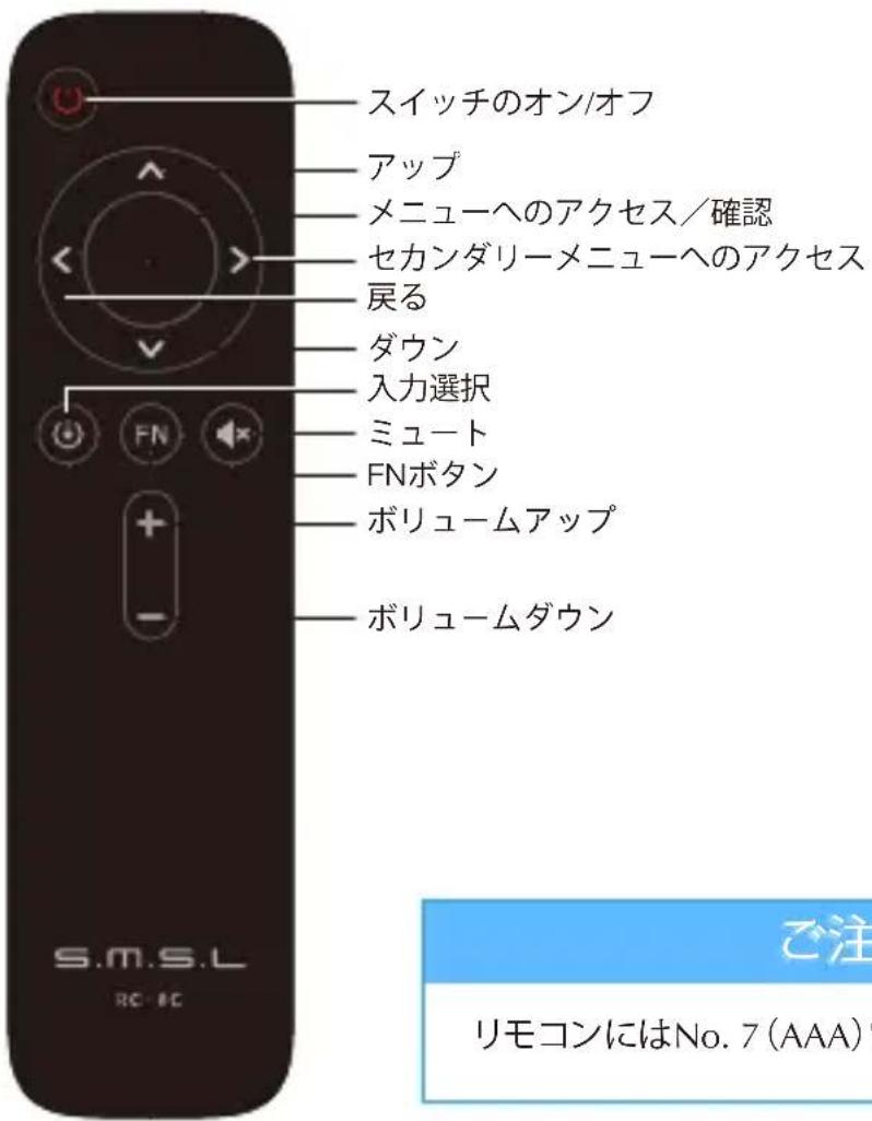 スイッチのオン/オフ アップ メニューへのアクセス／確認 セカンダリーメニューへのアクセス 戻る ダウン 入力選択 ミュート FNボタン ボリュームアップ ボリュームダウン S.M.S.L RC-RC ご注 リモコンにはNo. 7 (AAA)