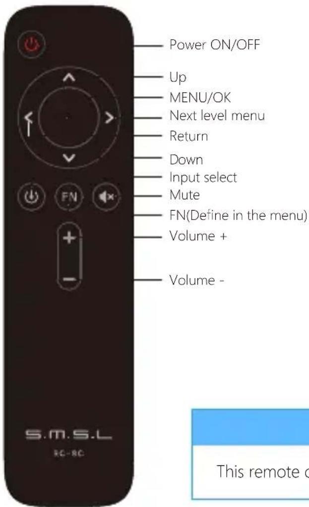 Power ON/OFF Up MENU/OK Next level menu Return Down Input select Mute FN(Define in the menu) Volume + Volume - S.M.S.L SC-SC This remote o