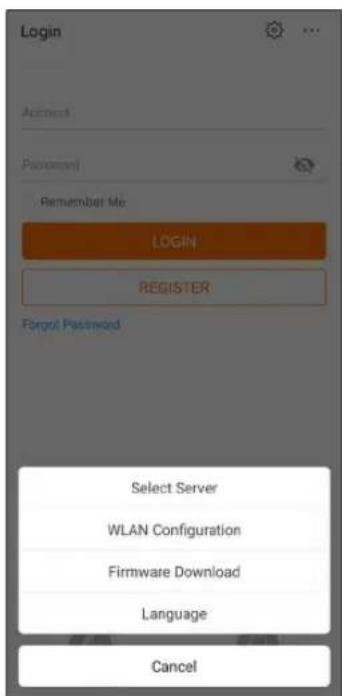 Login Account Password Remember Me LOGIN REGISTER Forgot Password Select Server WLAN Configuration Firmware Download Language Cancel