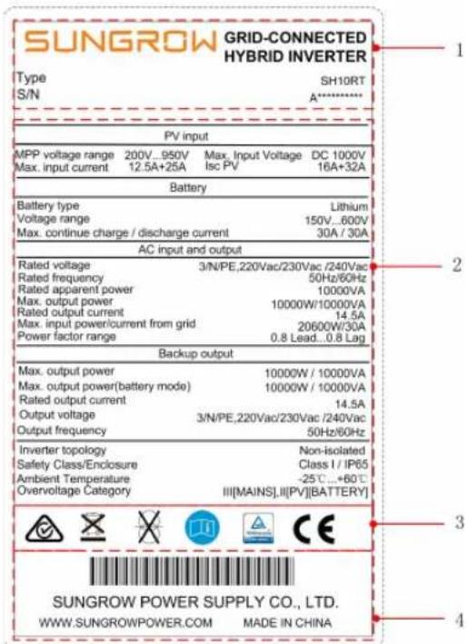 SUNGROW GRID-CONNECTED HYBRID INVERTER Type SH10RT S/N A***** PV input MPP voltage range 200V...950V Max. Input Voltage DC 1000V Max. input current 12.5A+25A Isc PV 16A+32A Battery Battery type Lithium Voltage range 150V...600V Max. continue charge / discharge current 30A / 30A AC input and output Rated voltage 3/N/PE,220Vac/230Vac /240Vac Rated frequency 50Hz/60Hz Rated apparent power 10000VA Max. output power 10000W/10000VA Rated output current 14.5A Max. input power/current from grid 20600W/30A Power factor range 0.8 Lead...0.8 Lag Backup output Max. output power 10000W / 10000VA Max. output power(battery mode) 10000W / 10000VA Rated output current 14.5A Output voltage 3/N/PE,220Vac/230Vac /240Vac Output frequency 50Hz/60Hz Inverter topology Non-isolated Safety Class/Enclosure Class I / IP65 Ambient Temperature -25°C...+60°C Overvoltage Category III[MAINS],IIIPV][BATTERY] SUNGROW POWER SUPPLY CO., LTD. WWW.SUNGROWPOWER.COM MADE IN CHINA
