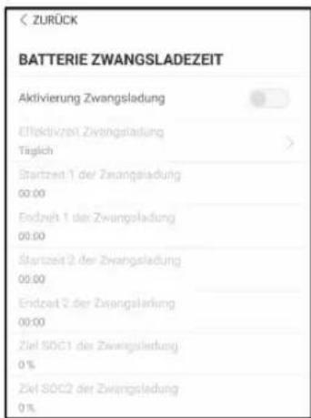 ZURÜCK BATTERIE ZWANGSLADEZEIT Aktivierung Zwangsladung Effektivzeit Zwangsladung Täglich Startzeit 1 der Zwangsladung 00:00 Endzeit 1 der Zwangsladung 00:00 Startzeit 2 der Zwangsladung 00:00 Endzeit 2 der Zwangsladung 00:00 Ziel SOC1 die Zwangsladung 0 % Ziel SOC2 der Zwangsladung 0 %