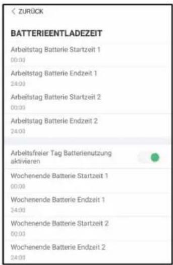 ZURÜCK BATTERIEENTLADEZEIT Arbeitstag Batterie Startzeit 1 00:00 Arbeitstag Batterie Endzeit 1 24:00 Arbeitstag Batterie Startzeit 2 00:00 Arbeitstag Batterie Endzeit 2 24:00 Arbeitsfreier Tag Batterienutzung aktivieren Wochenende Batterie Startzeit 1 00:00 Wochenende Batterie Endzeit 1 24:00 Wochenende Batterie Startzeit 2 00:00 Wochenende Batterie Endzeit 2 24:00