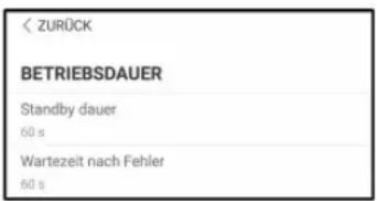 ZURÜCK BETRIEBSDAUER Standby dauer 60 s Wartezeit nach Fehler 60 s