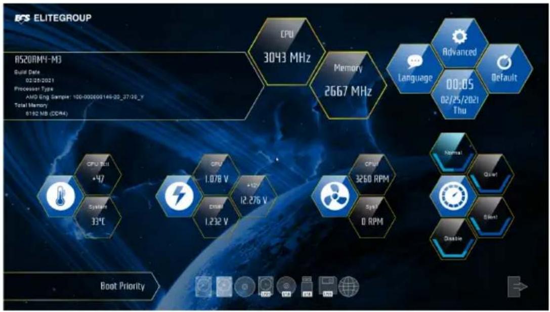 EFS ELITEGROUP AS20RM4-M3 Build Date 02/28/2021 Processor Type AMD Eng Sample: 100-000609146-05_37/36_Y Total Memory 8192 MB (CDR4) CPU 3043 MHz Memory 2667 MHz Advanced Language 00:05 02/25/2021 Thu CPU EOL +47 System 33°C CPU 1.078 V +12V 12.276 V CPU4 3260 RPM System 0 RPM Normal Quick! Begin! Disable Boot Priority