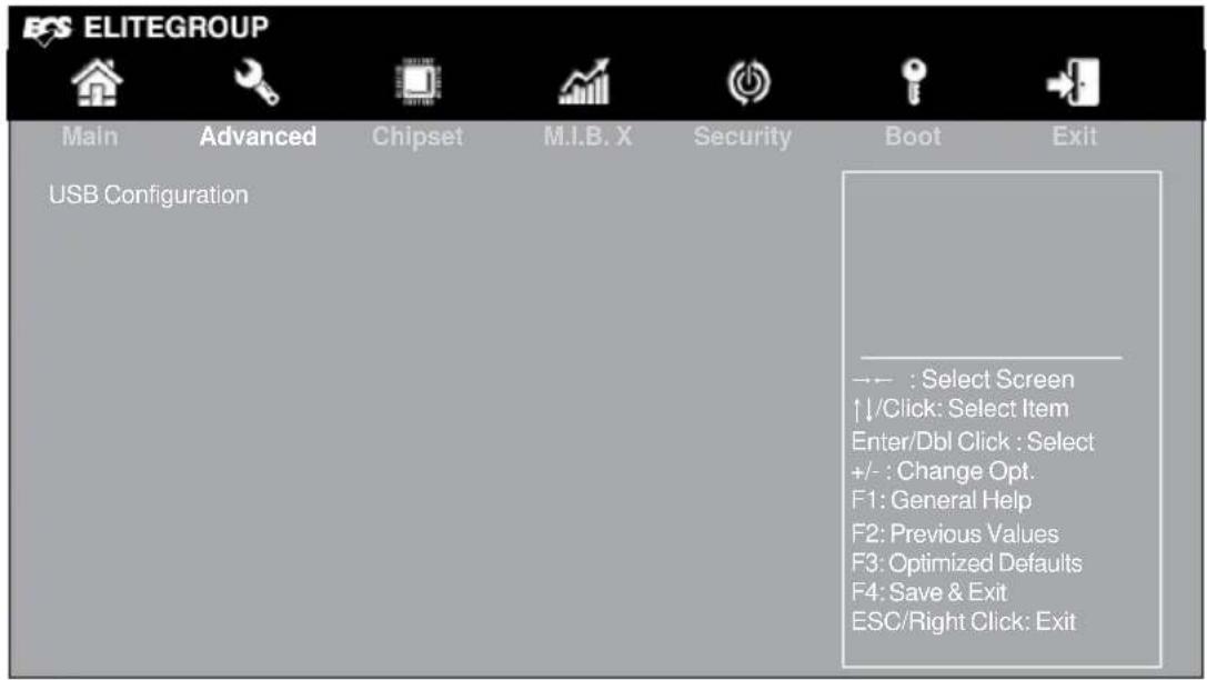 ES ELITEGROUP Main Advanced Chipset M.I.B. X Security Boot Exit USB Configuration → : Select Screen ↑↓/Click: Select Item Enter/Dbl Click : Select +/- : Change Opt. F1: General Help F2: Previous Values F3: Optimized Defaults F4: Save & Exit ESC/Right Click: Exit