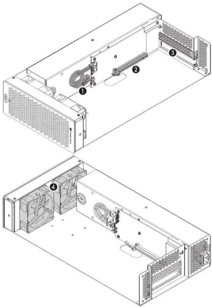 Technical diagram of a server rack with labeled components including fan, drive, and ventilation slots